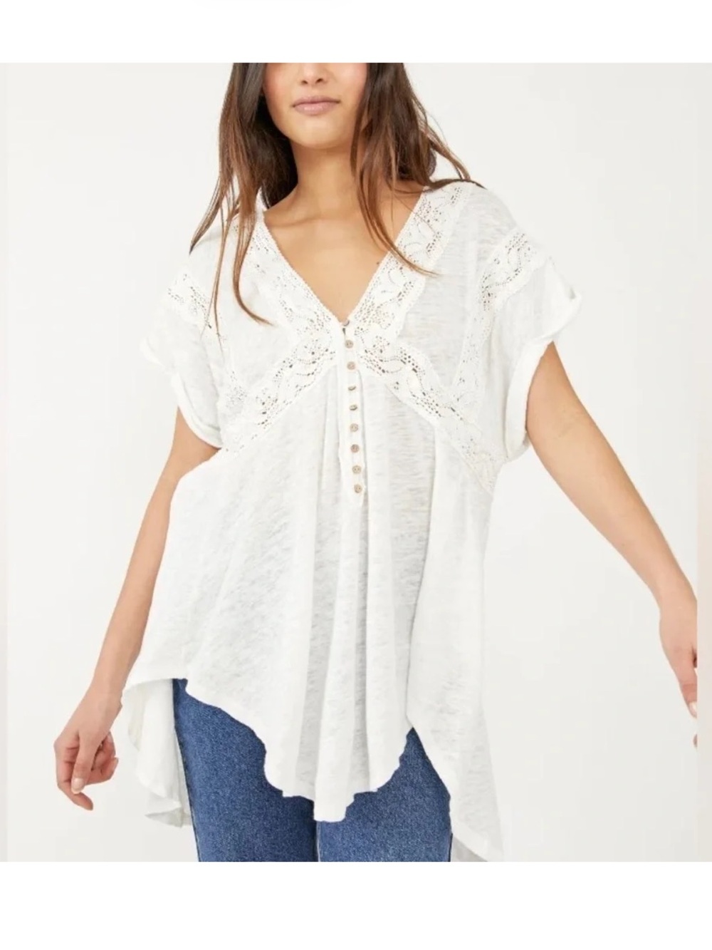 Free People Bohemian Crochet oversize white linen cotton top blouse tunic